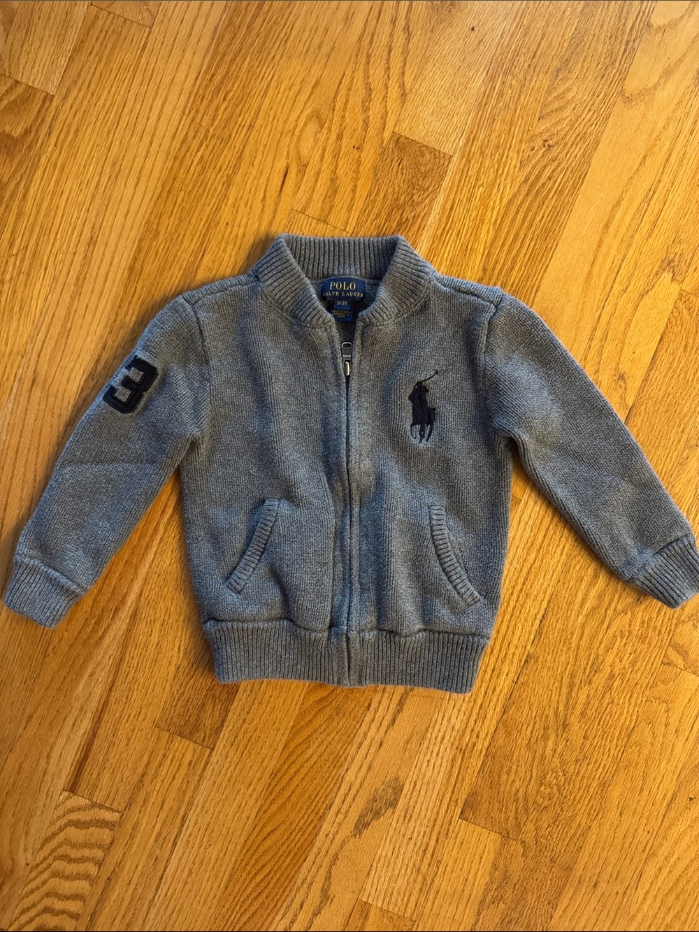 Polo by Ralph Lauren Kids Light Gray Zip Knit with Navy Pony 100% cotton 3T